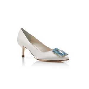 Manolo Blahnik HANGISI BRIDE 50 White Satin Jewel Buckle Pumps